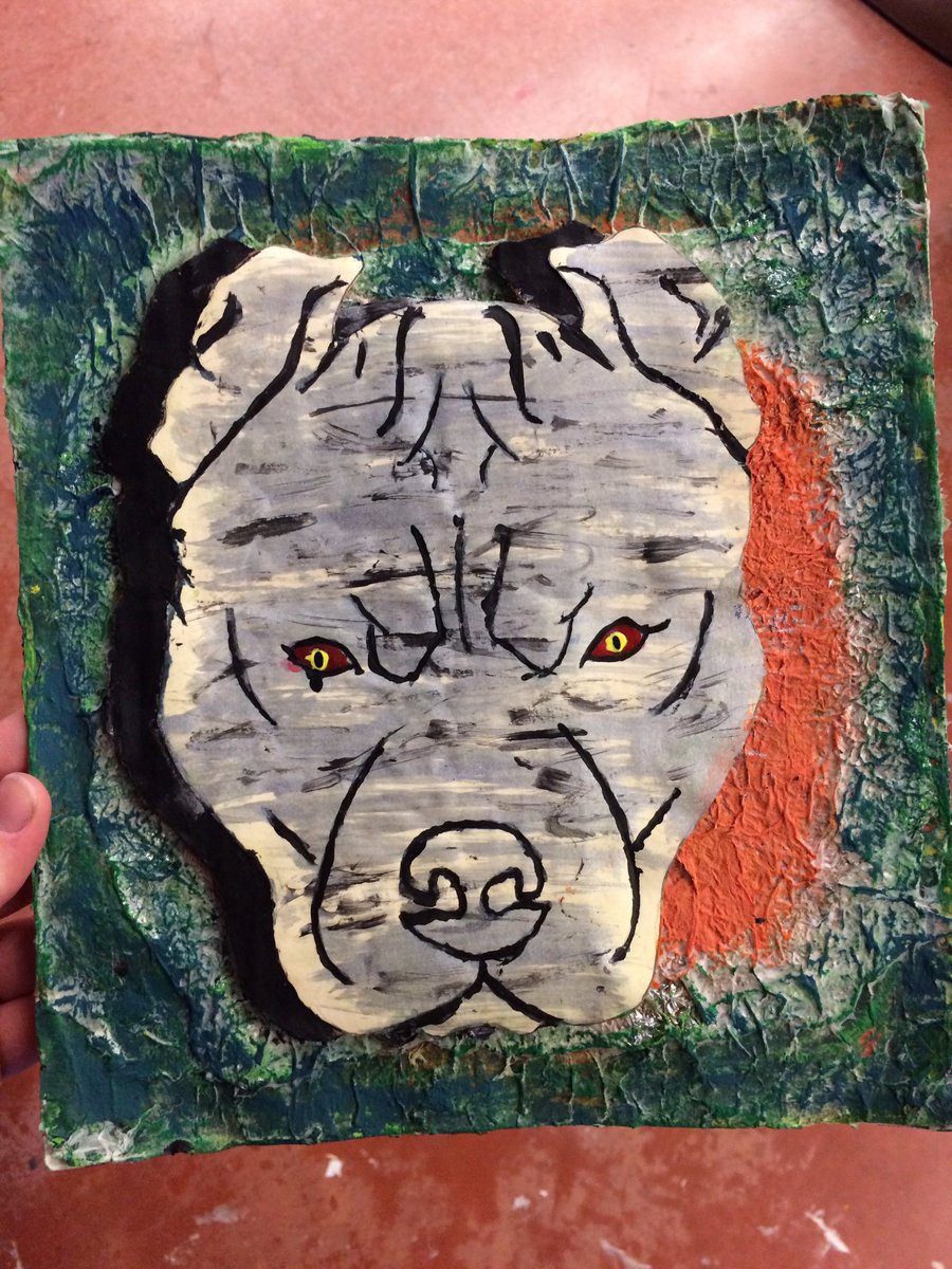 Love Boston's textures layers #artroomadventures #jeffersonmiddleschool #middleschoolersrock #mixedmediaart #texturesandlayers #catsvsdogs