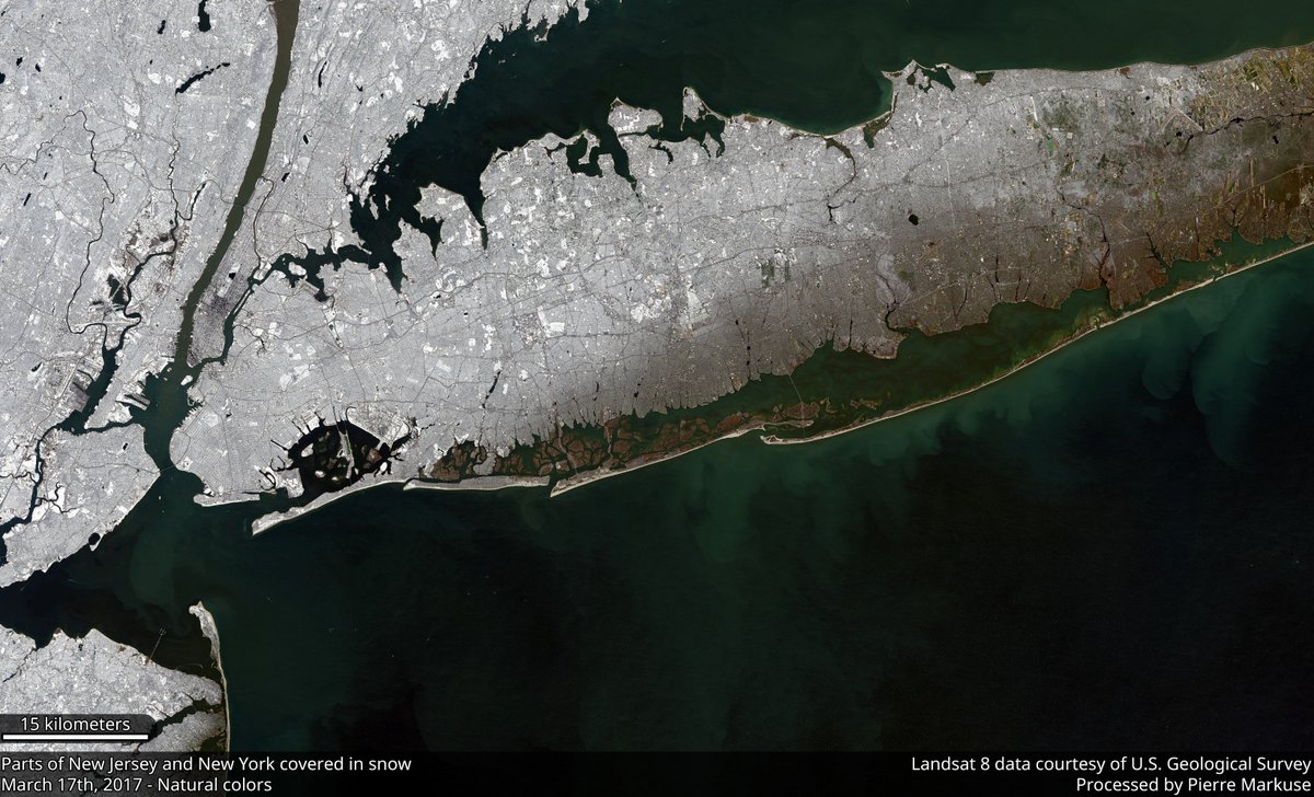 Landsat 8 natural color image of parts of New Jersey and New York covered in snow on March 17th, 2017