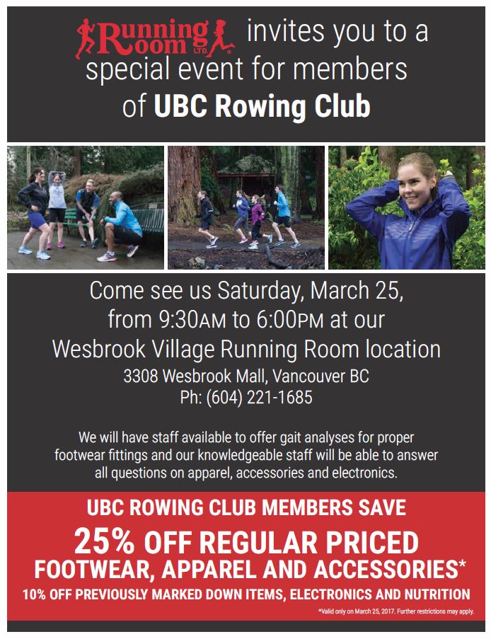 Thunder Rowing Crew (@trcrowing) on Twitter photo Hey <a href="/UBCRowing/">UBC Rowing</a>, the <a href="/WesbrookVillage/">Wesbrook Village</a> <a href="/RunningRoom/">Running Room</a> is offering a special discount day for everyone that trains @ubcboathouse TOMORROW! Hey <a href="/UBCRowing/">UBC Rowing</a>, the <a href="/WesbrookVillage/">Wesbrook Village</a> <a href="/RunningRoom/">Running Room</a> is offering a special discount day for everyone that trains @ubcboathouse TOMORROW!