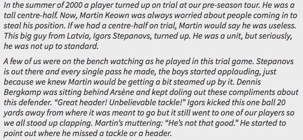 Footballtweet's tweet photo. Ray Parlour recalls the brilliant story about how they got under Martin Keown's skin by signing Igors Stepanovs.

Well worth a read. 👏🏻😂 https://t.co/aJHOQdYam5