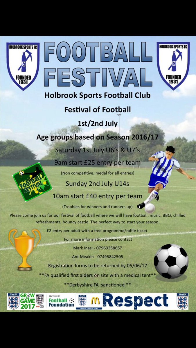 Saturday 1st July U6/7's (5v5), Sunday 2nd July U14's (11v11) Age groups as of 2016/17, Holbrook Sports FC, Shaw Lane, DE56 0TG