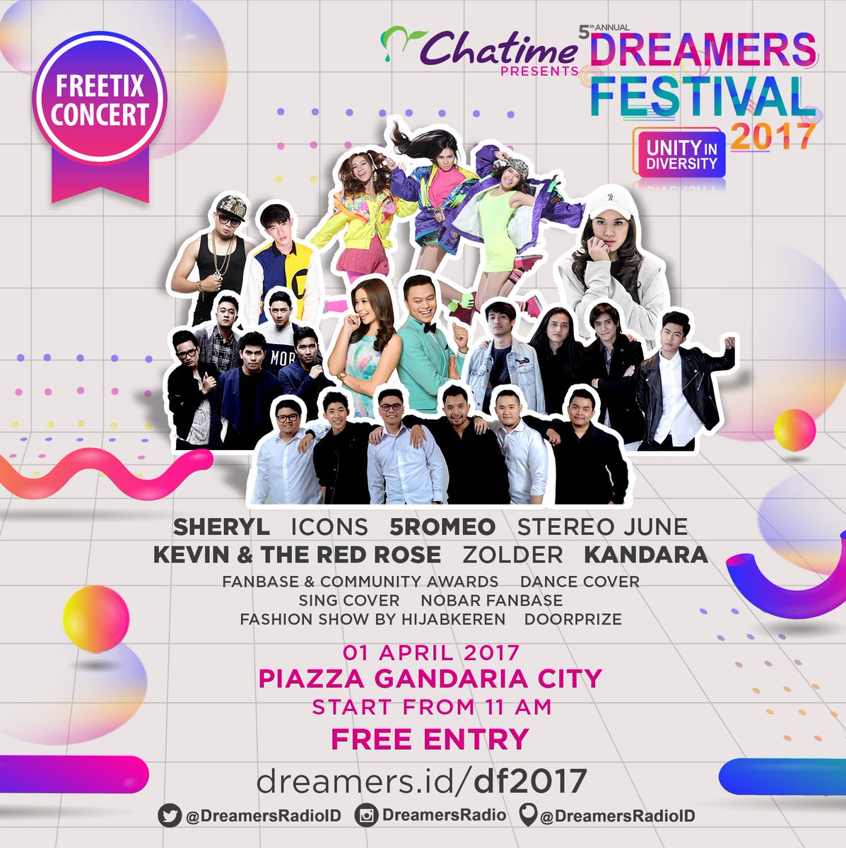 DreamersRadioID's tweet photo. DREAMERS FESTIVAL &amp; @ChatimeIndo w/ @sherylsheinafia @5RomeoID @Kevin_RedRose @icons_idn @stereojuneID 1 April at Gancit! #ChatimeDf2017 https://t.co/vFvlFGhYSv