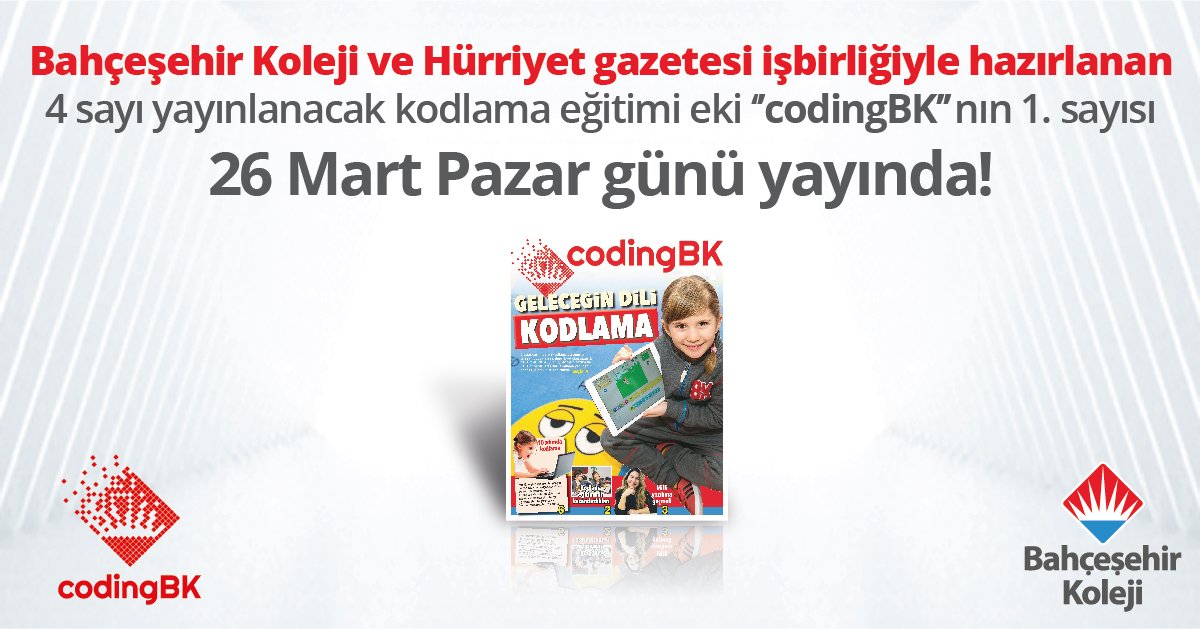 Bahçeşehir Koleji ve Hürriyet gazetesi işbirliğiyle hazırlanan "codingbk" eki 1.sayısı 26 Mart Pazar (yarın) günü yayında!