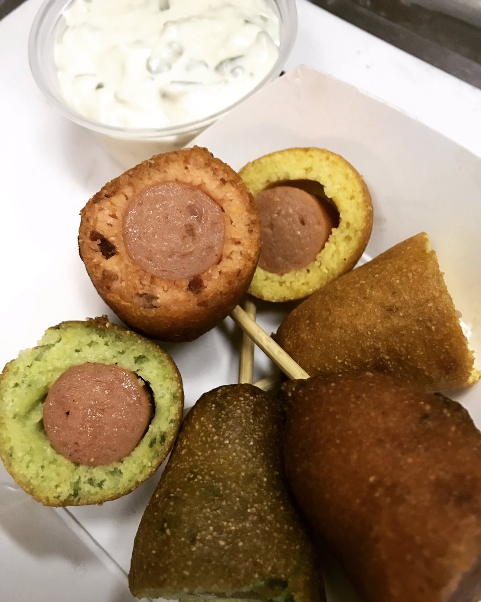 The corn dog trifecta! (Original, bacon, and jalapeño) Come get them at soma Streat food park tomorrow all day!