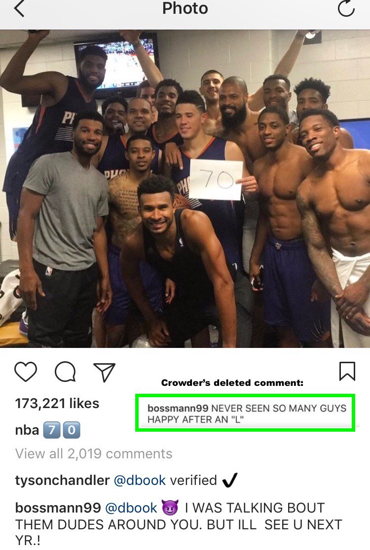 ChrisForsberg_'s tweet image. Celts weren’t thrilled with way Suns got Booker to 70. Jae Crowder expressed frustration on Instagram (original comment appears deleted)