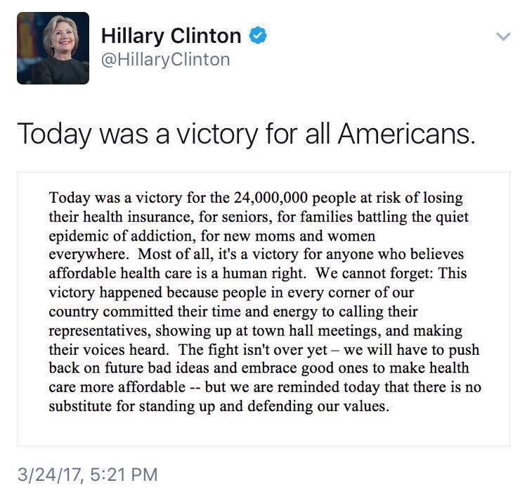 WTXTTUForKamala's tweet photo. Here's A Message From #TheReal45 @HillaryClinton On Today's Defeat Of The Awful #AHCA (aka: #TryanCare). #RR4H #TheResistance #StillWithHer https://t.co/QTF0uCSBDv