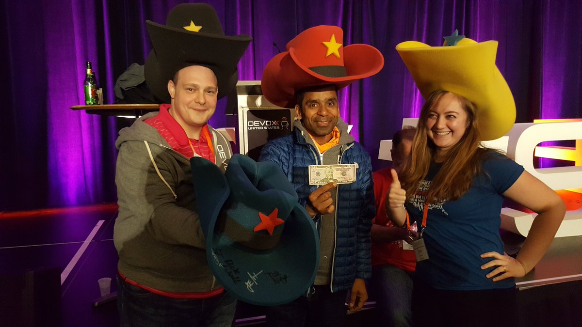Devoxx's tweet photo. Thanks John Ament for your #Devoxx4kids support! #JavaPosse #hatOwner #DevoxxUs https://t.co/iUZ8QhgArs