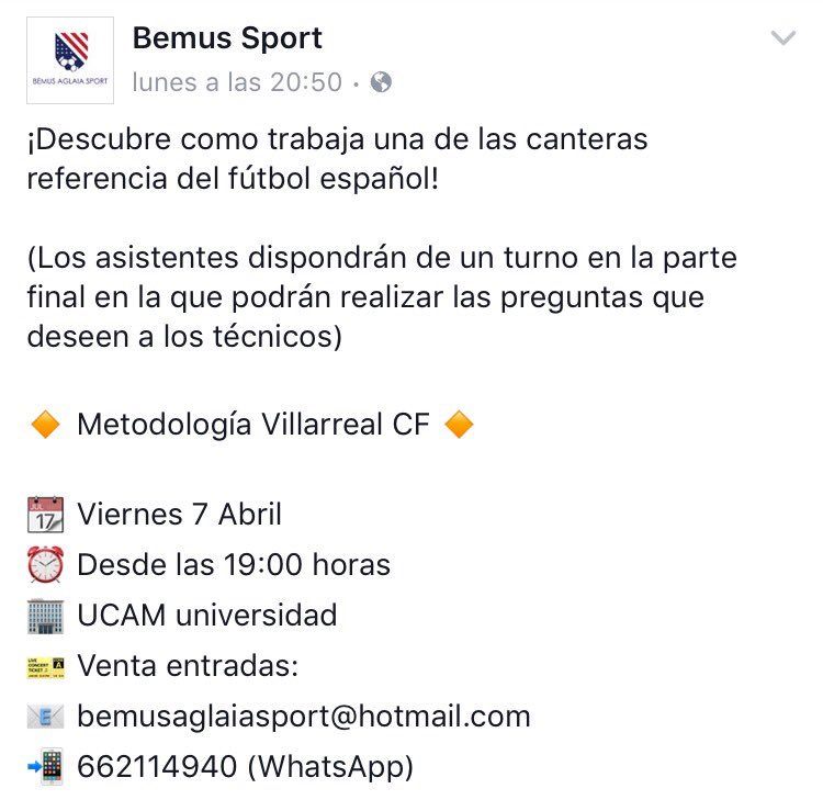 ¡NOVEDADES del evento del próximo 7 de Abril en <a href="/UCAM/">UCAM Universidad</a> !
<a href="/alberto_castle/">Alberto Castillo</a> presentará:
Metodología Villarreal CF
(Un modelo de éxito)