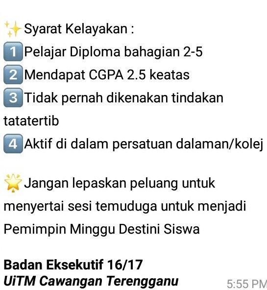 mppuitmtganu's tweet photo. Perhatian kepada mahasiswa/i diploma yang berminat untuk menjadi PMDS sesi Jun17-Jan18. 🌷 @JaieAziz @uitmtganu https://t.co/Uc6dBgt7TM