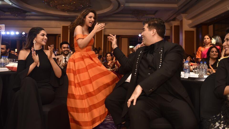 How adorable! Deepika Padukone with Parineeti Chopra and Karan Johar last night. #HTMostStylish