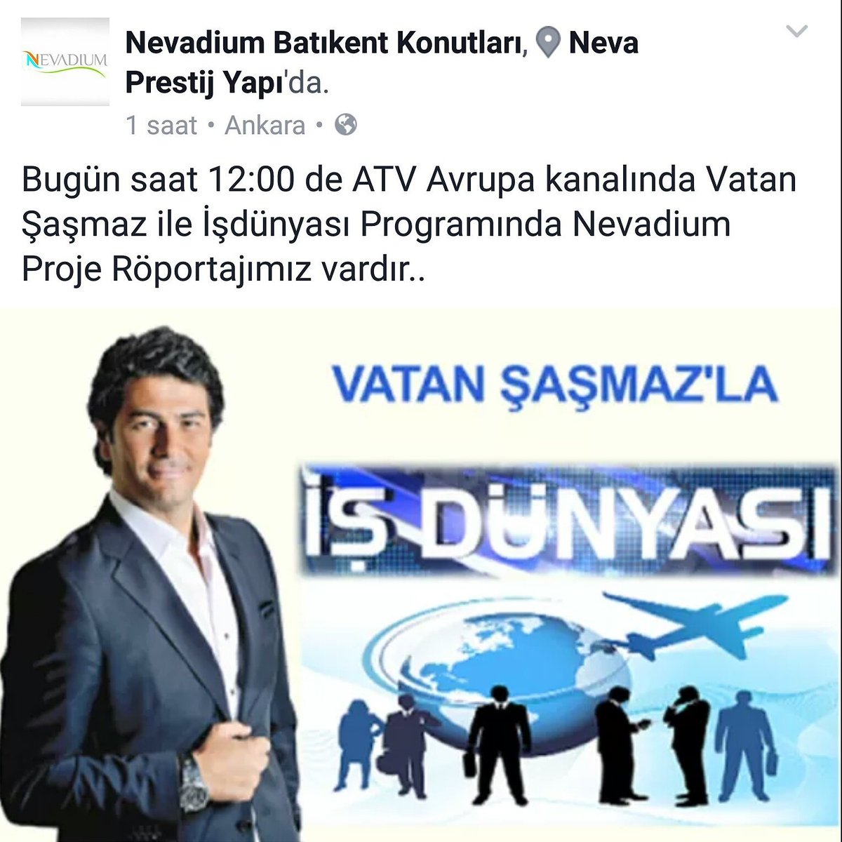 Bugun saat 12 de Atv avrupa kanalinda Vatan Şaşmaz ile İş Dünyasi programinda Nevadium Proje röportajimiz vardir..