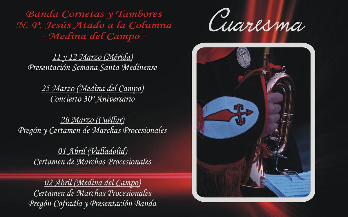 Programa de actuaciones de la Banda CCTT <a href="/atadocolumna/">C.P. Atado Columna</a> de Medina del Campo #Valladolid en su 30 Aniversario #SemanaSantaCyL <a href="/AyuntamientoMDC/">Ayto. MedinadelCampo</a>