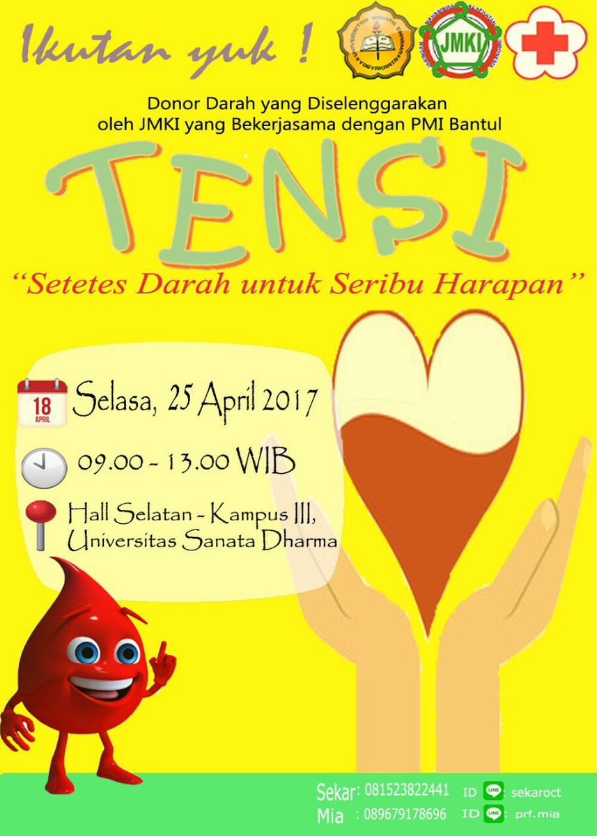 bemusdyk's tweet photo. [TENSI]
Ikutan yuk! Donor darah yang diselenggarakan oleh JMKI yang bekerjasama dengan PMI Bantul. Cek line&amp;ig kita untuk lebih jelasnya 😉 https://t.co/vPkvcqkDeR
