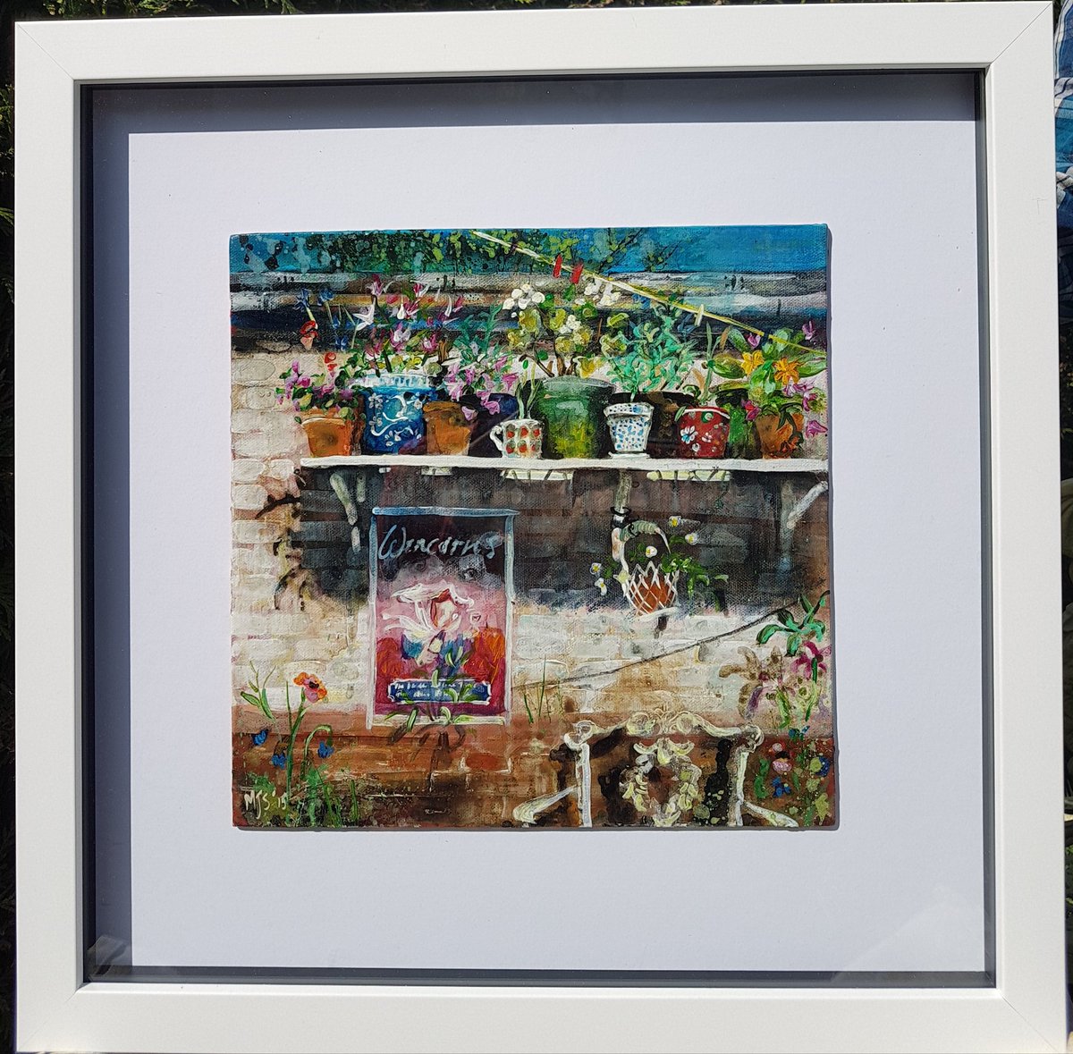 MJS_Art's tweet photo. My garden wall, #summer #garden #art #flowerpots #sunshine #wildflower #geraniums https://t.co/8f38KhUkuS