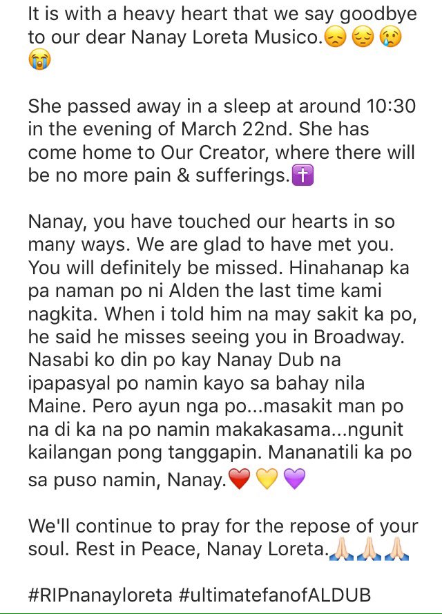ALDUB_Barbies's tweet photo. Paalam, Nay Loreta. Mami-miss ka po namin. Aldubyou!😘
#ripNanayLoreta #ultimatefanofALDUB
@aldenrichards02 @mainedcm https://t.co/RRZnIUGNft