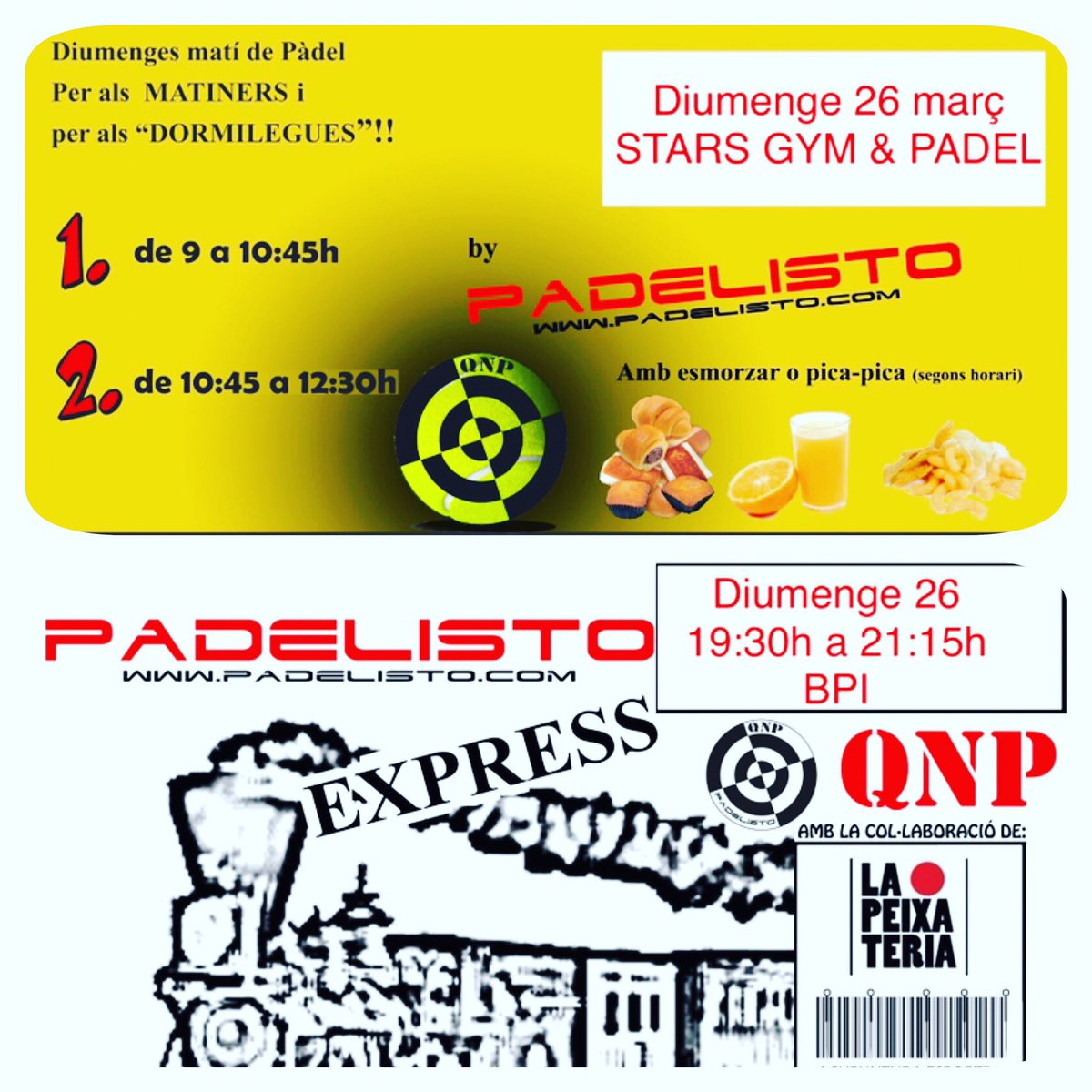 cadrobau's tweet photo. Fem un pàdel demà? A #padelisto tenim un diumenge a full!
Matí a @starspadel_oficial i tarda a @Indoorpadelteam 
Inscriu-te 600088983

#qnp https://t.co/5Ti81qm1yg