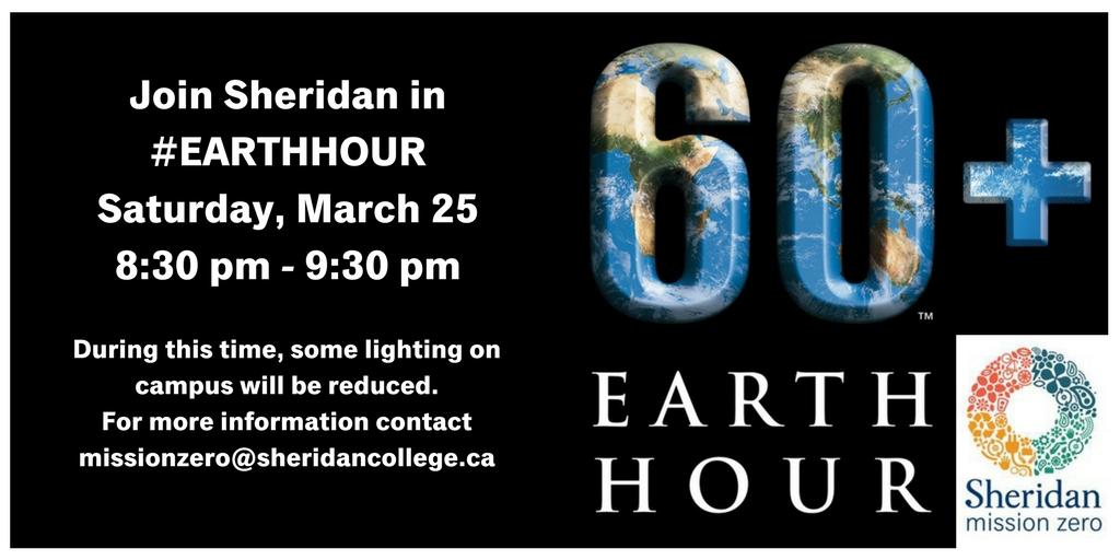 Join us in #EarthHour happening tonight from 8:30-9:30pm. Learn more about what <a href="/mssnzero/">Sheridan Mission Zero</a> and Sheridan are doing: j.mp/2ohcuUD