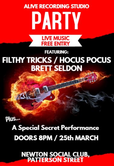 AliveRecording's tweet photo. Our 2nd Birthday Party Tonight, Everyone Welcome. Line up, Brett Seldon, Hocus Pocus, @filthy_tricks, CDS &amp; King @KingMondayBand #sthelens https://t.co/VrVETKkNjC