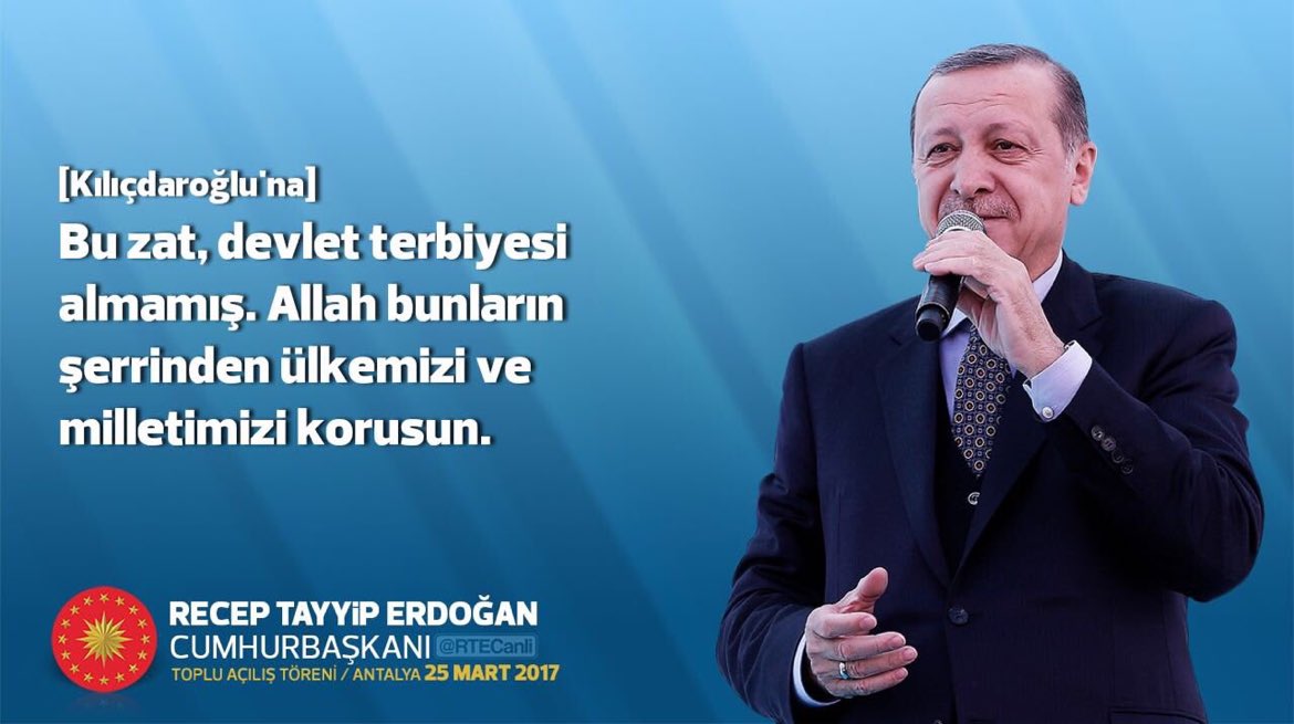 RcpYnk's tweet photo. #CumhurbaşkanıErdoğan : [Kılıçdaroğlu'na] 
Bu zat, devlet terbiyesi almamış. Allah bunların şerrinden ülkemizi ve milletimizi korusun. https://t.co/Mg8WdVzPqh