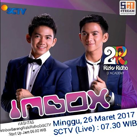 jangan lupa K2RL besok pagi saksikan RizkiRidho di Inbox SCTV &amp; ramein hashtag nya mulai pkl 06.00 WIB
#InboxBarengRizkiRidhoDiSCTV