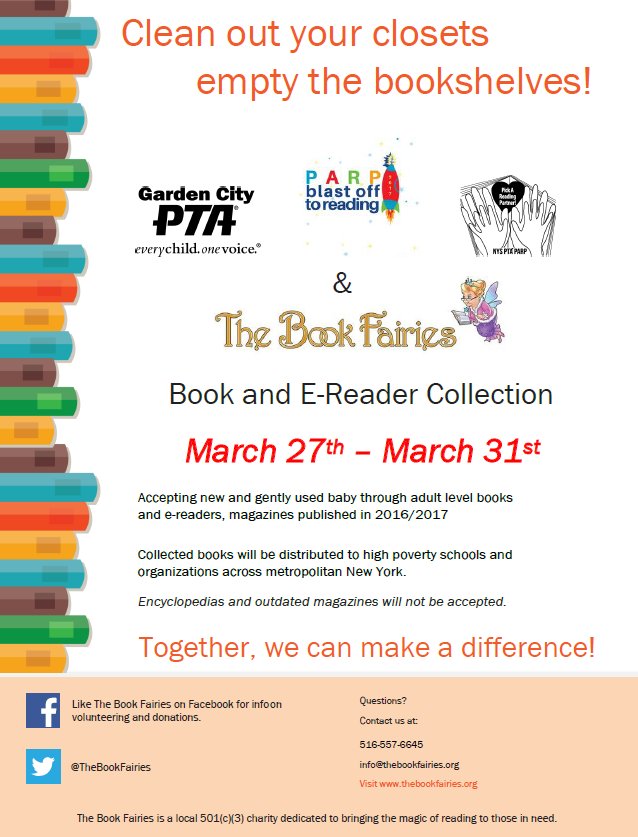 GardenCityPTA's tweet photo. The Book Fairies are collecting new and gently used books and e-readers & magazines! #cleanoutyourclosets #donate #makeadifference https://t.co/NB0vdoFWXw