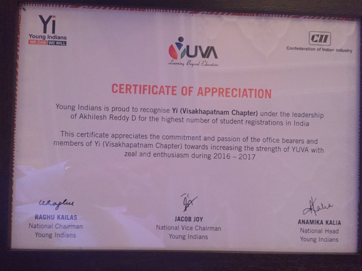 Congratulations Akhilesh-#CertificateofAppreciation - good work done for Yuva @Yi_Vizag @YiTweets #TakePride2017 @YuvaGVP @YiYuva