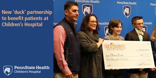 PennStHershey's tweet photo. Thank you, @DuckDonuts and @ChemoDuck for your partnership and gift yesterday! https://t.co/WuUrB7vYHb #InspiredTogether #ChildLifeProgram https://t.co/NZM9SgjJc2