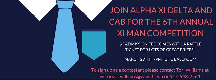 wmuCAB's tweet photo. Join Alpha Xi Delta and CAB for Xi Man! Xi man is a male pagaent with all proceeds being donated to Autism Speaks! https://t.co/5vXxNOTTZI