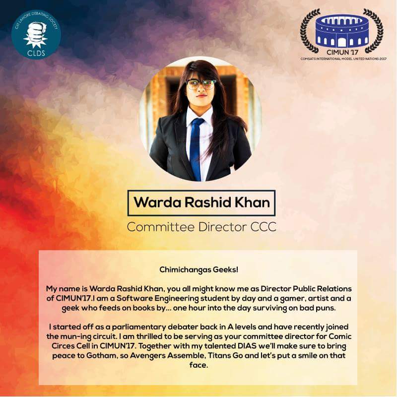 CIMUN_17's tweet photo. Introducing the proficient Committee Directors of Comic Crises Cell.
Hasnain Khan, Umair Aslam Sherani &amp; Warda Rashid Khan

#CIMUN17 https://t.co/7qAoez5I1k