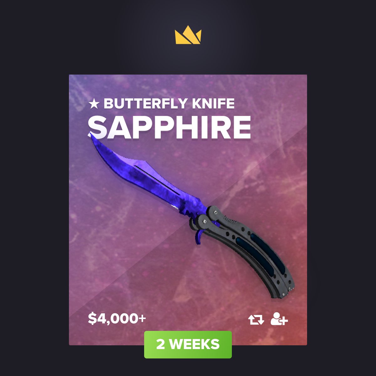CrazHype's tweet photo. FIRST Butterfly Knife Sapphire Giveaway

💰 $4,000 💰

Join here: https://t.co/vexThFynhd Must RETWEET... by #SawSparkyy via @c0nvey https://t.co/J5330h7MTd