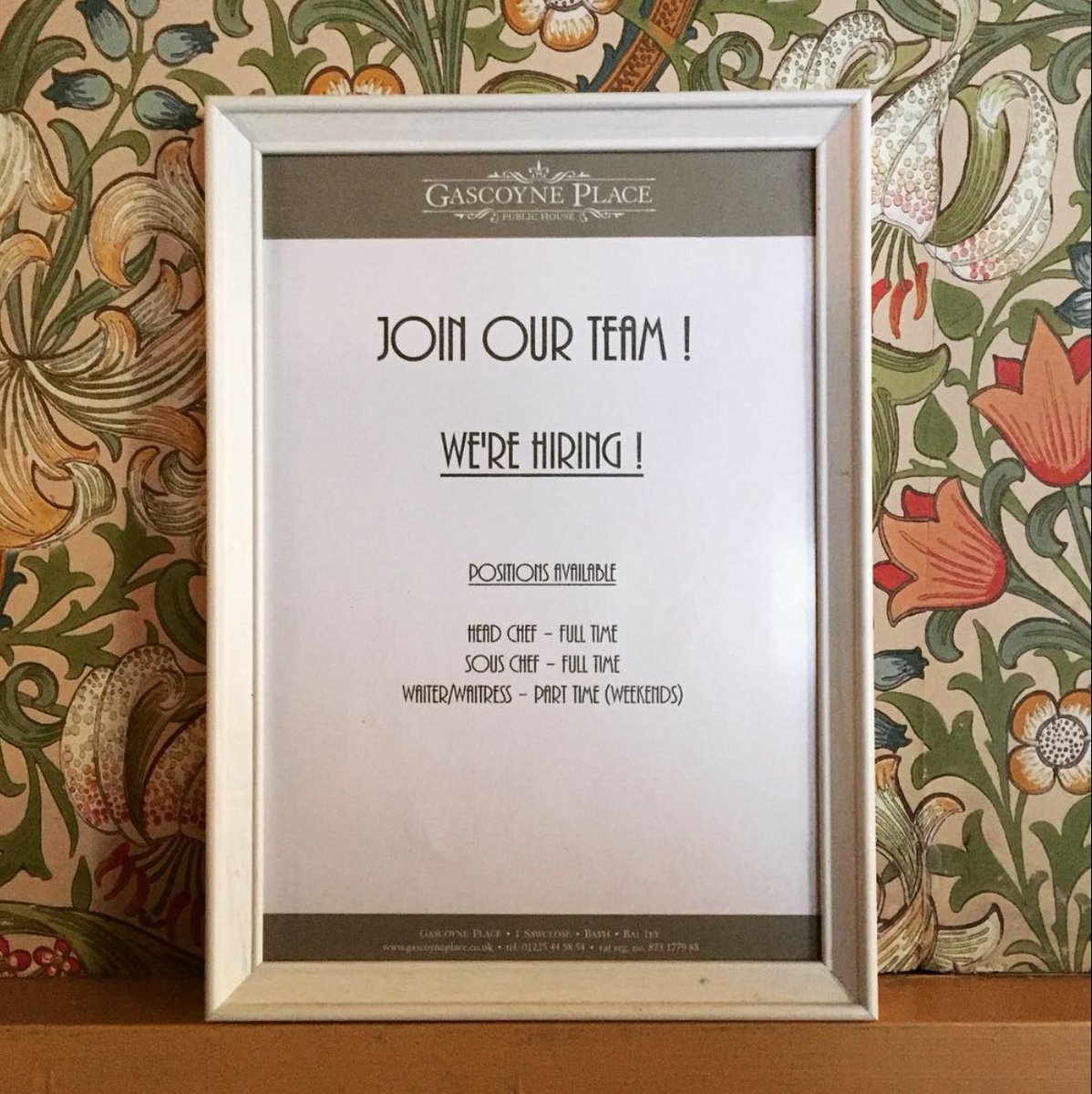 Come join our team! Either drop in with a CV, or email info@gascoyneplace.co.uk 😄