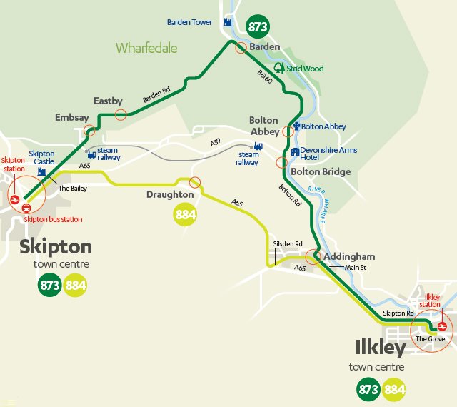 Cravenlink buses 873 &amp; 884 link Ilkley, Bolton Abbey, Embsay &amp; Skipton every Sunday - great for a day out. Times at dalesbus.org/cravenlink