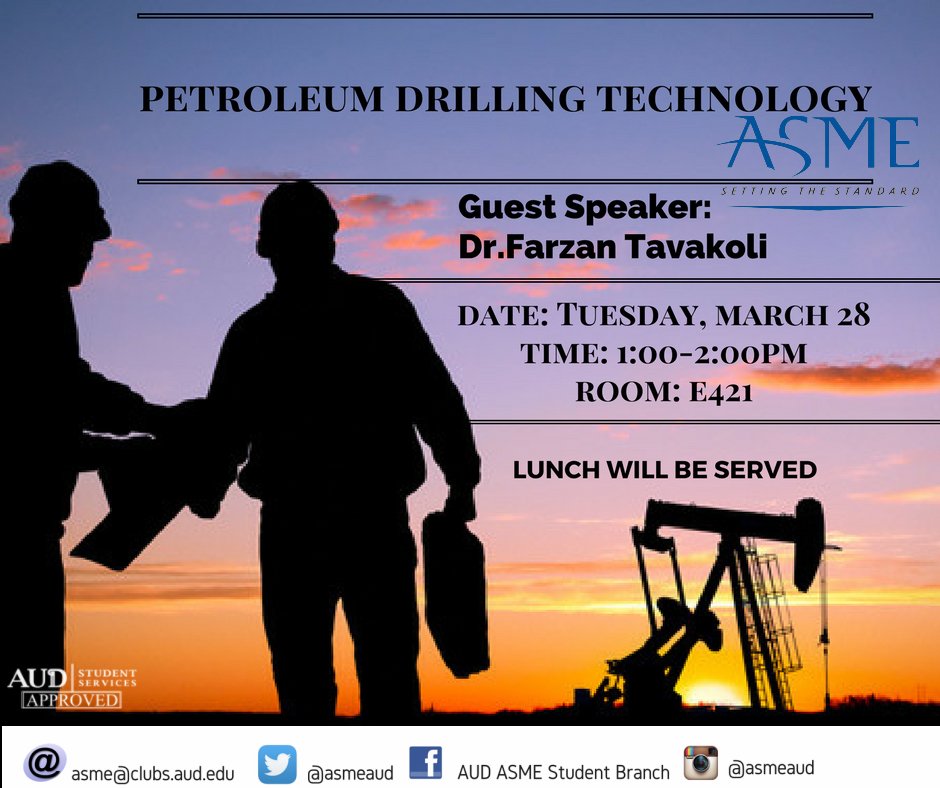 ASMEAUD's tweet photo. Join us for a small talk this Tuesday in E-lounge to learn about Petroluem Drilling Technology with a special guest speaker! #ASMEEvent https://t.co/YtE5fM5225