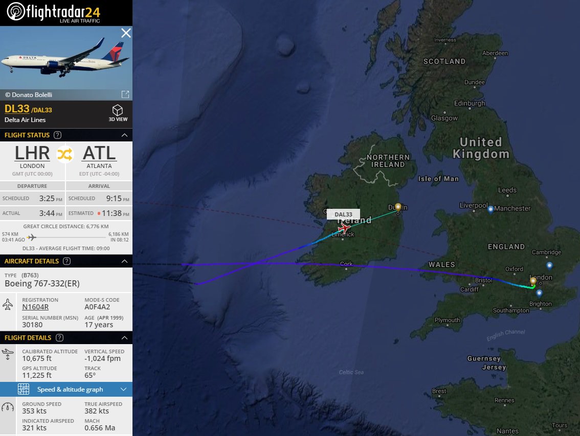 AirportWebcams's tweet photo. LIVE: Delta #DL33 London Heathrow-Atlanta (767 N1604R) is diverting to Dublin (via https://t.co/bLK5wzioYM). ETA 1942, ETD 2030. Reason TBA. https://t.co/2AzOTTtGrC