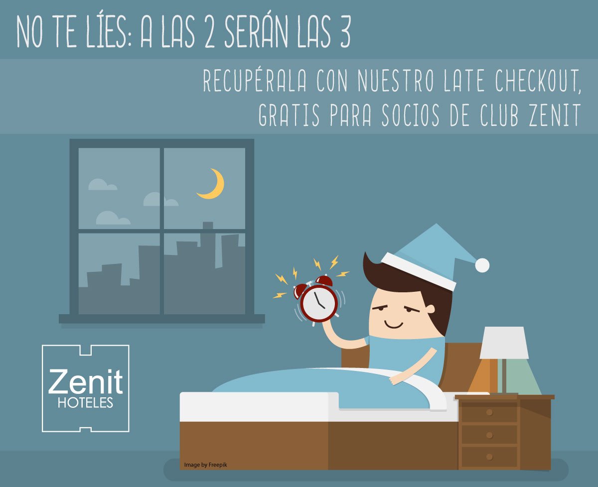 zenithoteles's tweet photo. Si eres #ClubZenit solicita el late check out y recupera la hora de sueño #cambiodehora #Zenithoteles https://t.co/ZsWnUXFvSI