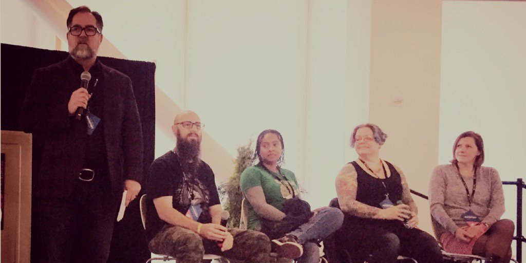 BradburyJim's tweet photo. Stoked to moderate #hackfort2017 panel on #gamedev narration w/ @annlemay @SabrinaJacques2 @toiyakfinley @Snak3Fist https://t.co/Jc7klzwznl