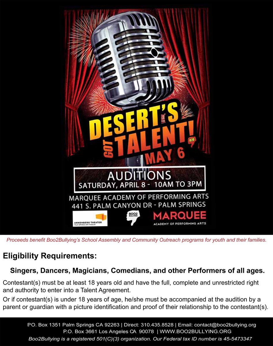 BOO2BULLYING's tweet photo. Are you Ready Coachella! Do you have what it takes?
#DesertsGotTalent Final Audition is April 8, 2017 #Palm Springs https://t.co/EmXqalzIWc