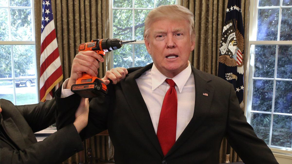 TheOnion's tweet photo. Aides Wrestle Drill From Trump’s Hands As He Tries To Remove Obama Listening Device From Skull https://t.co/bJ98nRtHBZ https://t.co/jV7NrSnBpr