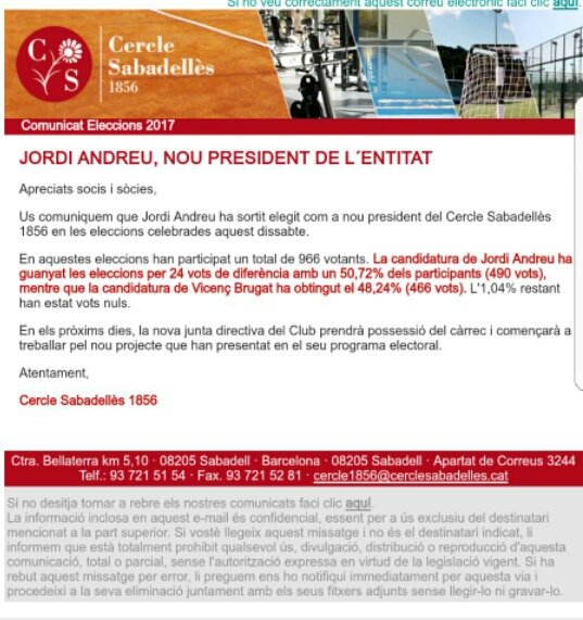 Comunicat oficial del <a href="/cercle1856/">Cercle Sabadellès 1856</a> 
<a href="/JordiAndreuF/">Jordi Andreu</a> nou President del Cercle