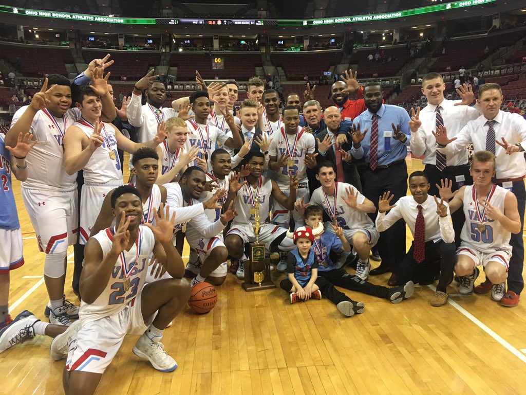 OHSAASports's tweet photo. #OHSAA BBK D3 FINAL: VASJ claims their 7th Division III Boys State Basketball title after defeating Roger Bacon 54-52. Congrats Vikings https://t.co/ZSoSHSXfiM