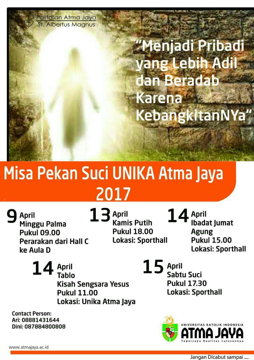 Hai teman-teman!👋
Kami Pastoran Atma Jaya mengundang kalian semua untuk hadir dalam Misa Pekan Suci UNIKA Atma Jaya 2017!!