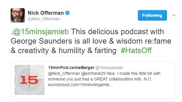 Jamie Berger (@15minsjamieb) on Twitter photo .<a href="/ElectricLit/">Electric Literature</a> <a href="/Nick_Offerman/">Nick Offerman</a> <a href="/MeganOMullally/">Megan</a> ~~~YAY!~~~
(and once again, bc why not) soundcloud.com/15minutesjamie… .<a href="/ElectricLit/">Electric Literature</a> <a href="/Nick_Offerman/">Nick Offerman</a> <a href="/MeganOMullally/">Megan</a> ~~~YAY!~~~
(and once again, bc why not) soundcloud.com/15minutesjamie…
