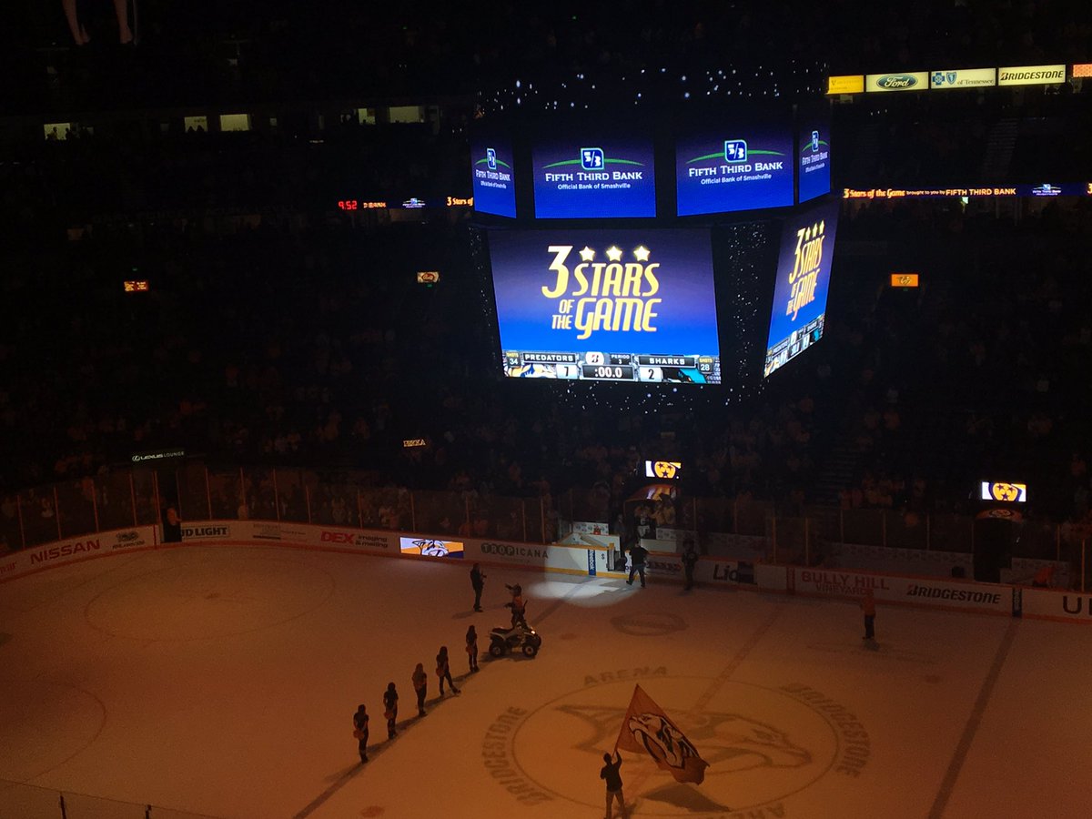 jmarcamp's tweet photo. Our #HandsGoUp in #Sec311 as the @PredsNHL hang 7 goals on @SanJoseSharks! #SJSvsNSH 
⭐️⭐️⭐️ Rinne
⭐️⭐️ Smith
⭐️ Sissons 
 #PredsWin! https://t.co/cm5nX5eI0L
