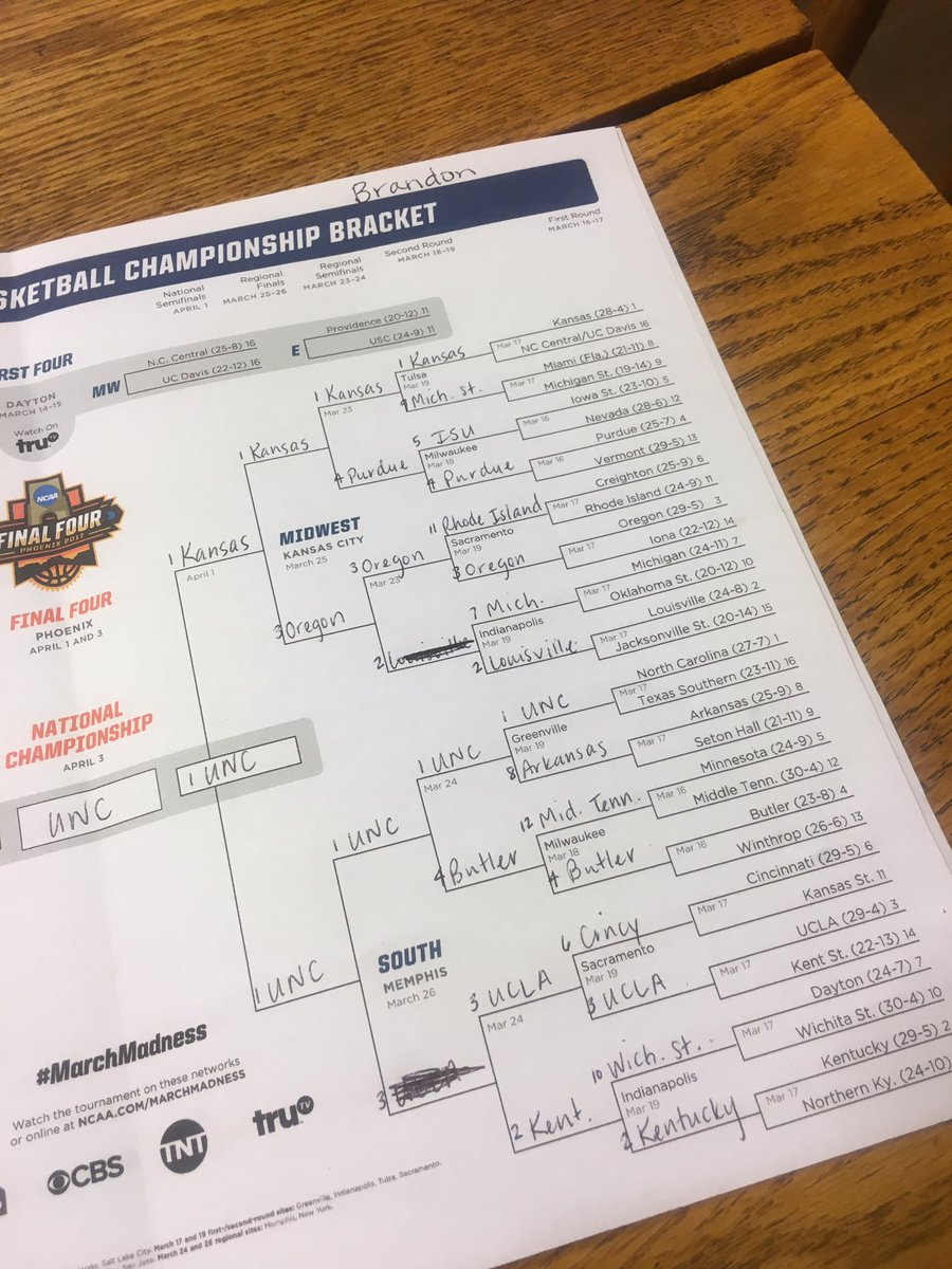jennyfvinzant's tweet photo. Look at the right side of @brandonvinzant's #marchmadness bracket... #theleftsideissad #butdang https://t.co/fO7ysvSYFT