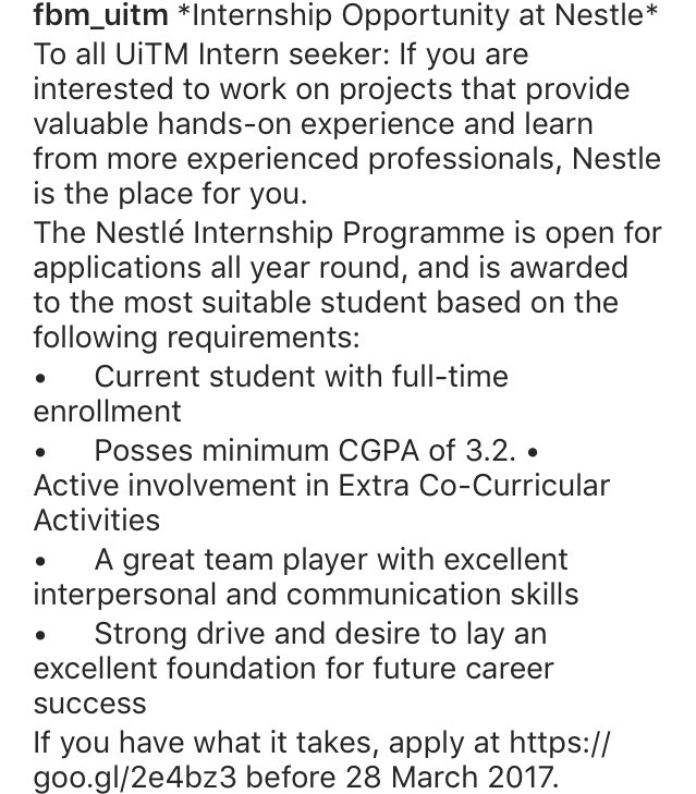 AEMS_fbm's tweet photo. Internship opportunity at NESTLE. Try this guys👍🏻 https://t.co/DLsWdPUxPz