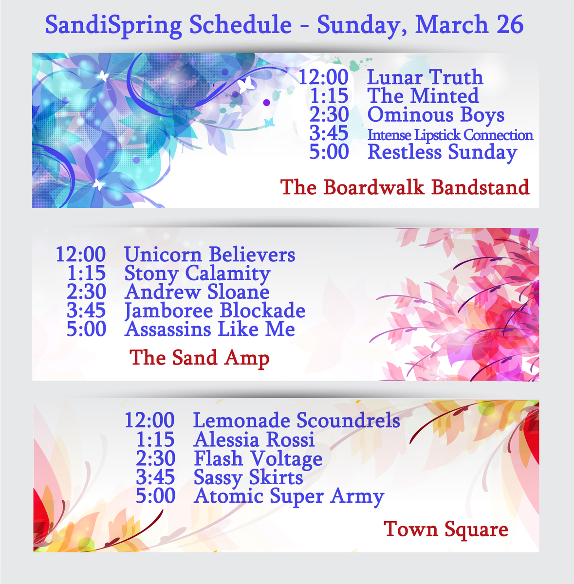 And thanks to the crowds for making our musicians feel welcome. Here's the schedule for the final day of #SandiSpring. See you tomorrow!