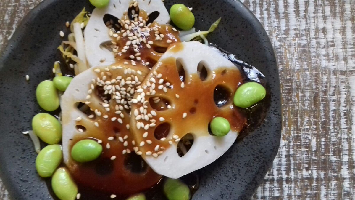 RamenDublin's tweet photo. Today's complimentary appetiser Lotus root and soy beans with Teriyaki sauce #tasty #veggies #dublin https://t.co/QuWdA8fGHh