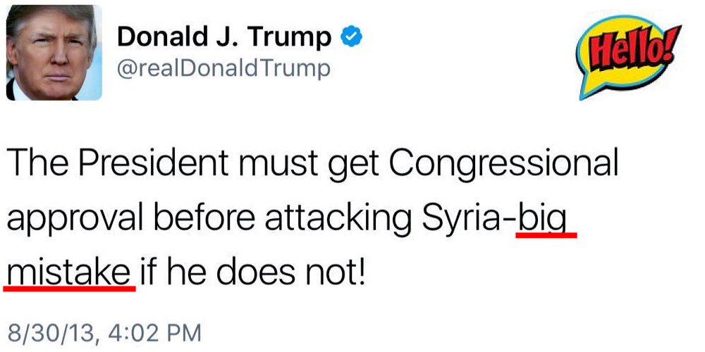 EdKrassen's tweet photo. 4 Years ago, Donald Trump admitted to making a "Big Mistake", in the #SyriaStrikes which just occurred last week! https://t.co/VHYzsbCEZp