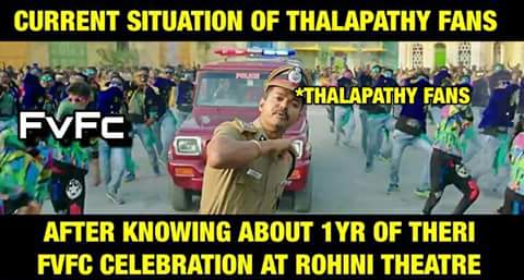 FVFC_official's tweet photo. #1yrofTherificTheri #FVFC_Celebration 
Theatre: Rohini Theatre 
Place: Koyembedu
Show :8:30 Show 
Get ready Thalapathy Bloods https://t.co/2Lvnpcc5Bj