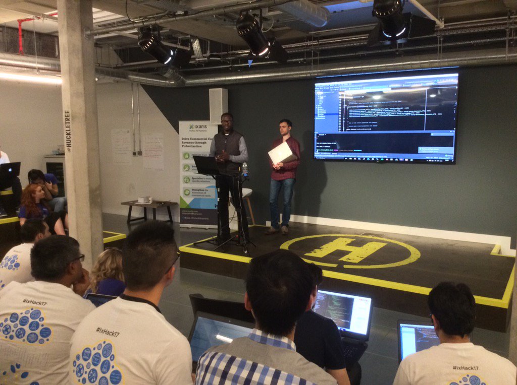 MarkLarwood's tweet photo. Tech pitches at #IxHack17 are underway. Peer evaluation only. Go @ixaris @openpaycloud #hackers. Winners to follow... https://t.co/9iaiWkNbUk